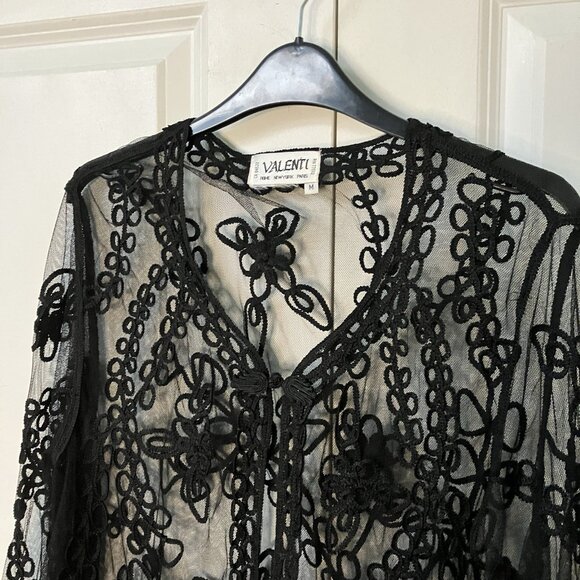 Y2K Valenti Shirt Womens M Black Mesh Sheer Floral Scroll Whimsigoth Fairy Vtg - Picture 4 of 7